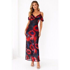 COMMENSE Floral Print Mesh Maxi Dress Small Cowl Neck Cold Shoulder Poppy Red S